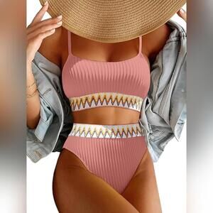 NWT Zuvebamyo Two Piece Ribbed Crop Top High Cut Cheeky Bottom Swimsuit, Large